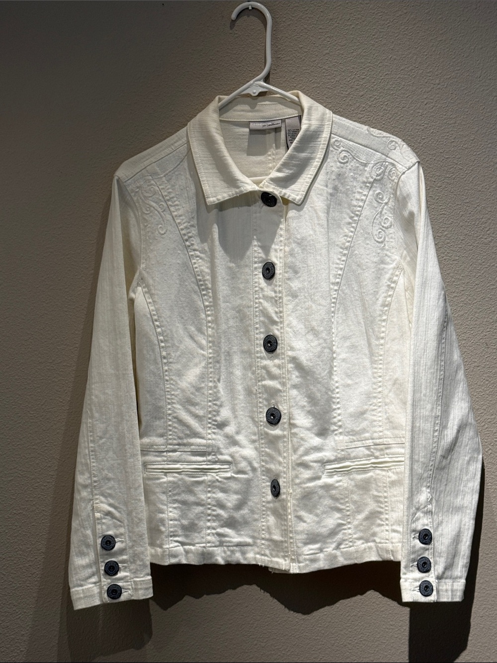 Chico's White Embroidered Button-Front Jean Jacket